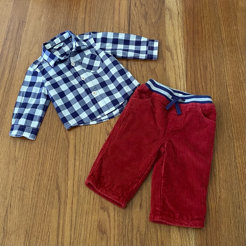 Baby Boden Long Sleeves Checkered Shirt with Red Corduroy Pants Set